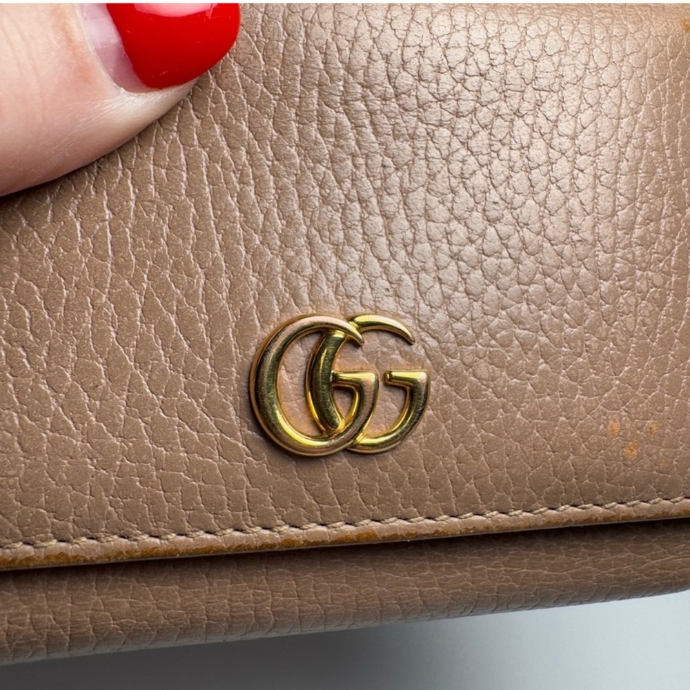 Gucci Marmont Wallet Calf Skin Pebble Leather Compact Snap Camel Tan Luxury - Picture 5 of 9
